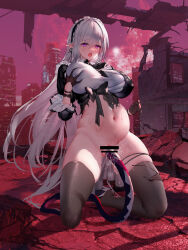 Rule 34 | 1girl, bar censor, big belly, black bow, black dress, black gloves, black hairband, black thighhighs, bottomless, bow, breasts, building, censored, city, closers, commentary request, deep skin, dress, frilled hairband, frills, full moon, gloves, grabbing own breast, hair between eyes, hairband, half gloves, highres, huge breasts, huge moon, inflation, kneeling, large breasts, levia (closers), long hair, looking at viewer, moon, no pupils, no shoes, open mouth, outdoors, panties, pointy ears, post-apocalypse, purple eyes, pussy, pussy juice, red moon, ruins, shirt, skindentation, sleeves past elbows, solo, surprised, swd3e2, tearing up, tentacles, thigh strap, thighhighs, tongue, tongue out, torn clothes, torn dress, underwear, unworn panties, vaginal, very long hair, white hair, white shirt
