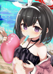 Rule 34 | 1girl, absurdres, aged down, beach, bikini, black bikini, black hair, blue archive, blush, flat chest, food, halo, highres, mashiro (blue archive), mashiro (swimsuit) (blue archive), mouth hold, ocean, official alternate costume, popsicle, purple eyes, red halo, short hair, solo, swimsuit, upper body, wet, winged halo, yasai itame1