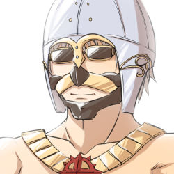 Rule 34 | 1boy, armor, closed mouth, commentary request, expressionless, grey hair, helmet, japanese armor, jewelry, male focus, menpoo, natsuya (kuttuki), necklace, ragnarok online, short hair, simple background, solo, sunglasses, sura (ragnarok online), topless male, upper body, white background