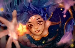 Rule 34 | 1girl, arm up, breasts, cleavage, long hair, looking at viewer, mermaid, monster girl, night, night sky, open mouth, seojinni, sky, smile, solo, star (sky), starry sky, yellow eyes