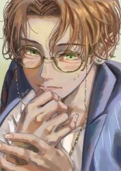 Rule 34 | 1boy, blue jacket, blush, brown hair, closed mouth, commentary request, curtained hair, earrings, eyewear strap, facial mark, fingernails, glasses, green eyes, hand to own mouth, highres, jacket, jewelry, lapels, lips, looking at viewer, male focus, necklace, nose, open clothes, open jacket, original, pink lips, round eyewear, rsdr7447, shirt, short hair, signature, simple background, solo, star (symbol), star facial mark, stud earrings, white background, white shirt, yellow-framed eyewear