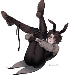 Rule 34 | 1boy, animal ears, black gloves, black ribbon, blush, boots, brown eyes, brown footwear, brown hair, dress shirt, gloves, highres, holding legs, identity v, knee boots, looking at viewer, matthias czernin, one-eyed, rabbit ears, ribbon, scar, scar on face, shirt, stitched eye, stitched mouth, stitches, tailcoat, tendenbarabara, vest