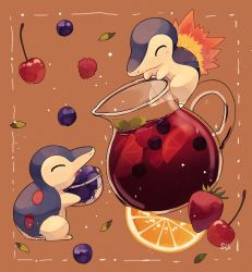Rule 34 | berry, bowl, brown background, cherry, closed eyes, commentary request, creatures (company), cyndaquil, fire, food, framed, fruit, game freak, gen 2 pokemon, holding, jug (bottle), leaf, nintendo, no humans, open mouth, orange (fruit), orange slice, pokemon, pokemon (creature), sparkle, strawberry, su (sajo su5)