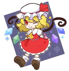 Rule 34 | 1girl, ;d, arms behind back, ascot, blonde hair, brown footwear, crystal, flandre scarlet, frilled hat, frilled skirt, frills, full body, grin, hat, hat ribbon, highres, ikururu, looking at viewer, mob cap, one eye closed, open mouth, red eyes, red ribbon, red skirt, red vest, ribbon, shirt, short hair, skirt, smile, solo, split mouth, star (symbol), touhou, vest, white hat, white legwear, white shirt, wings, yellow ascot
