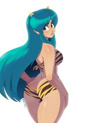 Rule 34 | 1girl, alien, animal print, aqua eyes, aqua hair, ass, bikini, breasts, butt crack, cone horns, cowboy shot, female focus, from behind, hand on own hip, highres, horns, lips, long hair, looking at viewer, looking back, lum, matching hair/eyes, medium breasts, parted lips, pointy ears, shiny skin, sidelocks, signature, simple background, smile, solo, swimsuit, thick thighs, thighs, tiger print, tovio rogers, urusei yatsura, very long hair, white background, wide-eyed