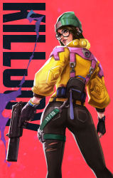 Rule 34 | 1girl, absurdres, ass, backpack, bag, beanie, black-framed eyewear, black gloves, brown eyes, brown hair, character name, commentary, contrapposto, down jacket, earrings, english commentary, from behind, glasses, gloves, green hat, gun, hat, highres, jacket, jewelry, killjoy (valorant), lips, looking back, machine pistol, monori rogue, nose, pants, partially fingerless gloves, polygonal suppressor, red background, round eyewear, short hair, smoke, smoking barrel, solo, suppressor, torn clothes, torn pants, trigger discipline, valorant, weapon, yellow jacket