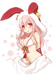 Rule 34 | 1girl, animal ears, animal hood, arms behind back, bad id, bad pixiv id, bell, bikini, bikini top only, blush, breasts, rabbit ears, rabbit hood, byulzzi, cat, headphones, hood, large breasts, long hair, looking at viewer, navel, nitroplus, open mouth, pink hair, red eyes, solo, super sonico, swimsuit, white background