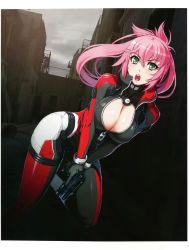 Rule 34 | 1girl, :o, absurdres, alley, amanda werner, blassreiter, bodysuit, breasts, cleavage, cleavage cutout, clothing cutout, green eyes, gun, hair between eyes, hair rings, handgun, highres, large breasts, long hair, nishii (damnedrive), open mouth, outdoors, pink hair, pistol, running, scan, skin tight, solo, weapon, zipper