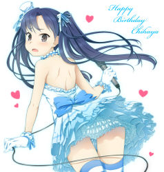 Rule 34 | 1girl, alternate hairstyle, bare back, bare shoulders, blue hair, bow, character name, choker, dress, frills, from behind, gathers, gloves, grey eyes, happy birthday, hat, heart, idolmaster, idolmaster (classic), kisaragi chihaya, long hair, looking back, md5 mismatch, microphone, minatsuki randoseru, mini hat, mini top hat, open mouth, solo, striped clothes, striped thighhighs, tears, thighhighs, thighs, too many, top hat, twintails, twisted neck, white dress, white gloves