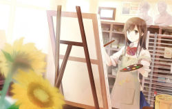 Rule 34 | 1girl, amamizu (pixiv), apron, art brush, bow, brown eyes, brown hair, canvas (object), easel, flower, long hair, original, paint, paintbrush, painting (action), palette (object), sleeves rolled up, solo, sunflower, usui (tripcube)