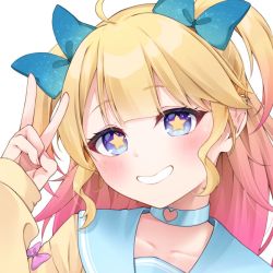 Rule 34 | 1girl, ahoge, arm up, blonde hair, blue bow, blue choker, blue eyes, blue sailor collar, bow, brown shirt, choker, clothing cutout, collarbone, commentary request, commission, gradient hair, grin, hair bow, heart cutout, hijouguti, hoshizaki tia, long hair, long sleeves, looking at viewer, multicolored hair, nail polish, neets channel, pink hair, pink nails, sailor collar, shirt, simple background, skeb commission, sleeves past wrists, smile, solo, star-shaped pupils, star (symbol), symbol-shaped pupils, two side up, upper body, v, virtual youtuber, white background