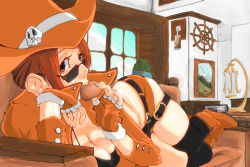 Rule 34 | 1girl, aged up, arc system works, bad id, bad pixiv id, black thighhighs, boots, breasts, brown eyes, brown hair, bunchin-maru, cleavage, couch, eating, female focus, fingerless gloves, food, gloves, guilty gear, hat, large breasts, long hair, lying, may (guilty gear), microskirt, on side, orange hat, over-kneehighs, pirate, pirate hat, skindentation, skirt, skull, solo, strap gap, sunglasses, thighhighs