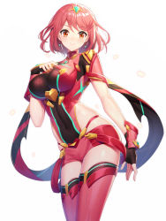 Rule 34 | 1girl, arched back, blush, breasts, closed mouth, covered navel, curvy, earrings, fingerless gloves, gem, gloves, hair ornament, hand up, headpiece, highres, jewelry, large breasts, light particles, looking at viewer, nintendo, pyra (xenoblade), red eyes, red gloves, red hair, red shorts, ririko (zhuoyandesailaer), short hair, shorts, simple background, skindentation, smile, solo, swept bangs, thighhighs, tiara, xenoblade chronicles (series), xenoblade chronicles 2