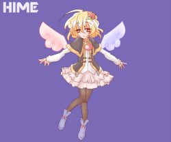 Rule 34 | 100 percent orange juice, 1girl, asymmetrical wings, black capelet, black pantyhose, blonde hair, blue footwear, blush, boots, capelet, character name, commentary request, flower, hair between eyes, hair flower, hair ornament, hime (orange juice), hono, layered skirt, long sleeves, looking at viewer, mismatched wings, official art, pantyhose, parted lips, pink skirt, pleated skirt, purple background, purple wings, red eyes, red flower, red rose, red wings, rose, shirt, simple background, skirt, solo, suguri, white shirt, wings