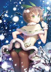 Rule 34 | 1girl, animal ears, asmis hara, ass, brown hair, brown pantyhose, capelet, coat, fake animal ears, from behind, gloves, green eyes, hair ornament, leaning forward, leotard, looking at viewer, looking back, mittens, nature, night, outdoors, pantyhose, playboy bunny, rabbit ears, rabbit tail, ribbon, saban, short hair, skirt, snow, solo, sparkle, standing, sword girls, tail, thighs, winter, winter clothes, winter coat