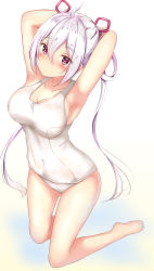 Rule 34 | 1girl, ahoge, armpits, arms behind head, arms up, bad id, bad pixiv id, bare arms, bare legs, bare shoulders, barefoot, blush, breasts, cleavage, closed mouth, collarbone, covered navel, from above, full body, gradient background, hair between eyes, hair ornament, hair rings, highres, kneeling, large breasts, long hair, looking at viewer, matoi (pso2), one-piece swimsuit, phantasy star, phantasy star online 2, red eyes, school swimsuit, sidelocks, solo, swimsuit, thighs, twintails, very long hair, white background, white hair, white one-piece swimsuit, yuano