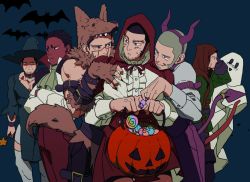 Rule 34 | 6+boys, alternate costume, ascot, bald, bara, black hair, blush, candy, cleavage cutout, clothing cutout, collarbone, colored skin, crossdressing, demon boy, demon costume, demon horns, facial hair, feet out of frame, food, galeblack, ghost costume, golden kamuy, grey hair, halloween, halloween costume, happy halloween, highres, hood, horns, jack-o&#039;-lantern, koito otonoshin, long sideburns, male focus, multiple boys, muscular, ogata hyakunosuke, pectorals, pumpkin, pumpkin hat, red skin, shiraishi yoshitake, short hair, sideburns, stubble, sugimoto saichi, tanigaki genjirou, thighhighs, trick or treat, tsukishima hajime, vampire costume, wand, witch