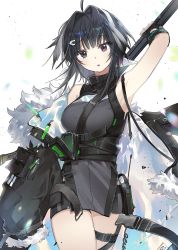Rule 34 | 1girl, absurdres, arknights, arm up, armpits, between breasts, black coat, black dress, black eyes, black hair, breasts, coat, dress, feather hair, fur-trimmed coat, fur trim, hair ornament, hairclip, highres, holding, holding scythe, infection monitor (arknights), la pluma (arknights), looking at viewer, open clothes, open coat, open mouth, scythe, shidare (youh4016), short hair, simple background, sleeveless, sleeveless dress, solo, strap between breasts, white background