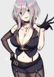 Rule 34 | 1girl, absurdres, azur lane, bare shoulders, black gloves, blue eyes, blush, breasts, choker, cleavage, commentary request, cowboy shot, cross, cross necklace, gloves, hair between eyes, half gloves, hand on own hip, head tilt, highres, jewelry, large breasts, midriff, miniskirt, mole, mole on breast, navel, necklace, open mouth, overall skirt, pantyhose, shirasu uni, silver hair, skirt, smile, washington (azur lane), wrist straps