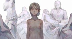 Rule 34 | 1girl, breasts, brown eyes, closed mouth, collarbone, completely nude, grey hair, hair between eyes, hatching (texture), highres, looking at viewer, looking back, lying, navel, nipples, nude, on back, original, parted lips, qdxs2, short hair, solo, standing, statue, white background