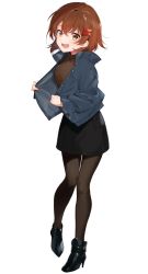 Rule 34 | 1girl, absurdres, black footwear, black pantyhose, black skirt, brown eyes, brown hair, buttons, hair ornament, hairclip, highres, nokachoco114, open mouth, pantyhose, programming live broadcast, pronama-chan, second-party source, short hair, skirt, solo, white background