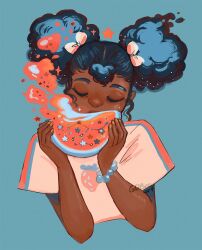 Rule 34 | 1girl, afro puffs, artist name, bead bracelet, beads, big nose, black hair, blue background, bracelet, character request, closed eyes, constellation, copyright request, cropped torso, curly hair, dark-skinned female, dark skin, eating, fingernails, food, food print, fruit, geneva bowers, hands up, holding, holding food, holding fruit, jewelry, pink shirt, shirt, short sleeves, sidelocks, simple background, smoke, solo, star (symbol), star print, strawberry print, thick eyebrows, watermelon