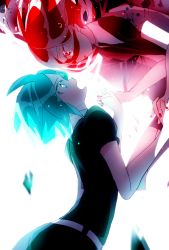 Rule 34 | androgynous, bad id, bad pixiv id, black neckwear, black shirt, black shorts, blue eyes, blue hair, collared shirt, commentary request, crying, crying with eyes open, eye contact, from side, gender request, houseki no kuni, looking at another, necktie, open mouth, phosphophyllite, profile, puffy short sleeves, puffy sleeves, cinnabar (houseki no kuni), shirt, short hair, short sleeves, shorts, simple background, standing, tears, white background, wing collar