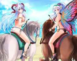Rule 34 | 2girls, akuru (akr369akr), ass, bare shoulders, barefoot, beach, bikini, black bikini, blue sky, bug, butterfly, butterfly wings, cloud, cloudy sky, curled horns, facial mark, fairy wings, fire emblem, fire emblem heroes, flower, flower necklace, forehead mark, freyja (fire emblem), goat horns, grey hair, hair flower, hair ornament, high heels, holding, holding reins, horns, horse, horseback riding, insect, insect wings, jewelry, looking at viewer, looking back, multiple girls, necklace, nintendo, ocean, official alternate costume, plant, plumeria, plumeria (fire emblem), pointy ears, red eyes, red horns, reins, riding, side-tie bikini bottom, sky, spurs, swimsuit, thorns, vines, white bikini, wings