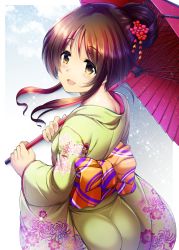 Rule 34 | 1girl, :d, ass, brown eyes, brown hair, cowboy shot, floral print, flower, from behind, green kimono, hair between eyes, hair bun, hair flower, hair ornament, highres, holding, holding umbrella, idolmaster, idolmaster cinderella girls, japanese clothes, kimono, long sleeves, looking at viewer, looking back, ment, oil-paper umbrella, open mouth, print kimono, red flower, red umbrella, short hair with long locks, single hair bun, smile, solo, standing, takamori aiko, umbrella, wide sleeves