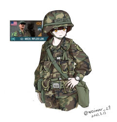 Rule 34 | 1girl, ammunition pouch, bag, brown hair, buckle, buttoned cuffs, buttons, camouflage, cold war, copyright notice, english text, field cap, freckles, gameplay mechanics, helmet, highres, load bearing equipment, military, military uniform, pouch, snap-fit buckle, uniform, united states army, warno, watch, web belt, weimar 29, yellow eyes