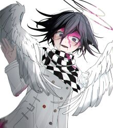 Rule 34 | 1boy, angel wings, black hair, blood, blood on clothes, blood on face, blood stain, blush, checkered clothes, checkered scarf, commentary request, danganronpa (series), danganronpa v3: killing harmony, from below, hair between eyes, halo, hand up, highres, long sleeves, looking at viewer, male focus, no?, oma kokichi, open mouth, pink blood, ringed eyes, scarf, short hair, solo, straitjacket, upper body, waving, white background, wide-eyed, wings