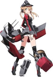 Rule 34 | 10s, 1girl, anchor, anchor hair ornament, aqua eyes, ass, black thighhighs, blonde hair, boots, cross, damaged, from behind, full body, gloves, hair ornament, hand on own hip, hat, iron cross, kantai collection, long sleeves, low twintails, machinery, mecha musume, microskirt, military, military hat, military uniform, official art, panties, peaked cap, prinz eugen (kancolle), shimada fumikane, skirt, solo, thighhighs, torn clothes, transparent background, twintails, underwear, uniform, white background, white panties