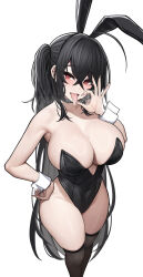 Rule 34 | 1girl, alternate costume, animal ears, azur lane, bare arms, bare shoulders, black leotard, black thighhighs, blush, breasts, cleavage, crossed bangs, fake animal ears, fellatio gesture, hand on own hip, highres, large breasts, leotard, long hair, looking at viewer, open mouth, playboy bunny, rabbit ears, red eyes, revision, saliva, simple background, siu (siu0207), smile, solo, standing, taihou (azur lane), thighhighs, thighs, tongue, tongue out, white background, wrist cuffs
