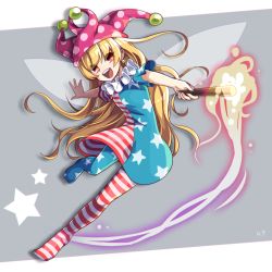 Rule 34 | 1girl, american flag dress, american flag legwear, bad id, bad tumblr id, blonde hair, clownpiece, collar, dress, fairy wings, fire, frilled collar, frilled shirt collar, frills, full body, hat, highres, jester cap, kozakura (dictionary), long hair, looking at viewer, neck ruff, open mouth, outstretched arms, pantyhose, pink eyes, polka dot, shirt, short sleeves, simple background, solo, star-shaped pupils, star (symbol), striped clothes, striped dress, symbol-shaped pupils, teeth, torch, touhou, very long hair, wings