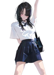 1girl absurdres arm_behind_back arm_up bag black_choker blue_ribbon blue_skirt blush breasts brown_eyes brown_hair choker commentary cowboy_shot english_commentary hair_over_one_eye heart heart_choker highres long_hair looking_at_viewer medium_breasts miniskirt neck_ribbon original pleated_skirt ribbon school_bag school_uniform shirt short_sleeves simple_background skirt slit_pupils smile solo white_background white_shirt wonbin_lee