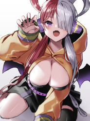Rule 34 | 1girl, bat wings, black nails, black skirt, breasts, claw pose, cleavage, fangs, hair over one eye, hair rings, hand up, hood, hoodie, ia 1928, kneeling, large breasts, long hair, low twintails, miniskirt, multicolored hair, nail polish, official alternate costume, one piece, one piece film: red, open mouth, purple eyes, red hair, skirt, solo, split-color hair, twintails, two-tone hair, uta (one piece), very long hair, white hair, wings