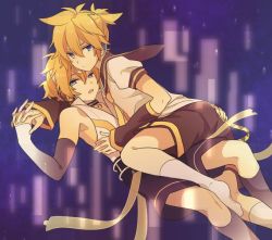 Rule 34 | 2boys, akiyoshi (tama-pete), blonde hair, blue eyes, detached sleeves, dual persona, headphones, holding hands, kagamine len, kagamine len (append), lying on person, male focus, multiple boys, purple background, sailor collar, short sleeves, shorts, vocaloid, vocaloid append