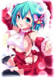 Rule 34 | 1girl, :d, bad anatomy, bell, black thighhighs, blue eyes, blue hair, blush, bow, breasts, clenched hand, detached sleeves, divine gate, earrings, gift, hair bell, hair bow, hair ornament, hat, highres, indoors, jewelry, large breasts, looking at viewer, nanaume (shichimi tougarashi), open mouth, pom pom (clothes), red hat, red skirt, santa hat, short hair, sitting, skirt, smile, thighhighs, underboob, vivian (divine gate), wariza
