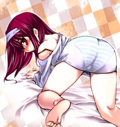 Rule 34 | all fours, ass, barefoot, bed, bent over, blush, dithering, feet, from behind, glasses, hairband, long hair, looking back, off shoulder, original, panties, purple hair, red eyes, see-through, solo, strap slip, striped clothes, striped panties, toe scrunch, toes, tokita monta, trefoil, underwear