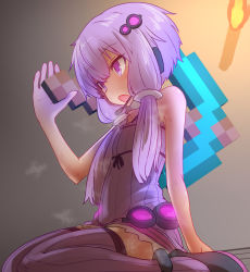 Rule 34 | 1girl, anklet, bare arms, bare shoulders, black footwear, blush, dress, from side, gradient background, hair ornament, hand up, headgear, highres, holding, holding weapon, jewelry, long hair, looking afar, minecraft, open mouth, parted lips, pickaxe, purple dress, purple eyes, purple hair, purple thighhighs, shoes, short hair with long locks, sitting, solo, sumiyao (amam), thighhighs, torch, vocaloid, voiceroid, wariza, weapon, yuzuki yukari