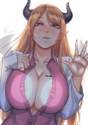 Rule 34 | 1girl, areola slip, blonde hair, blush, breast tattoo, breasts, cleavage, demon girl, demon horns, highres, hololive, horns, huge breasts, lab coat, long hair, looking at viewer, myth1carts, smile, solo, tattoo, virtual youtuber, winged heart, yuzuki choco, yuzuki choco (1st costume)
