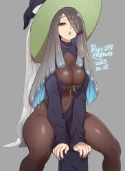 Rule 34 | 1girl, agawa ryou, blue hair, blunt ends, bodysuit, bodysuit under clothes, braid, breasts, cleavage, commentary, english commentary, grey hair, hair over one eye, hat, large breasts, long hair, long sleeves, looking at viewer, multicolored hair, one eye covered, original, parted lips, single braid, skin tight, solo, two-tone hair, witch, witch hat