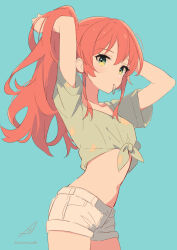 Rule 34 | 1girl, absurdres, adjusting hair, alternate costume, alternate hair length, alternate hairstyle, aqua background, artist logo, artist name, blush, bocchi the rock!, breasts, commentary, commentary request, cowboy shot, english commentary, floral print, green eyes, hair tie in mouth, highres, kita ikuyo, limited palette, long hair, looking at viewer, midriff, minusk9, mouth hold, navel, print shirt, red hair, shirt, short shorts, short sleeves, shorts, signature, simple background, small breasts, solo, standing, stomach, swept bangs, three quarter view, tied shirt, tying hair, white shorts