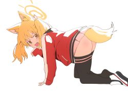Rule 34 | 1girl, absurdres, all fours, animal ears, ass, black thighhighs, blonde hair, blue archive, blush, halo, highres, jacket, long hair, looking at viewer, luke (dydansgur), open mouth, paw pose, pink skirt, rectangular mouth, red jacket, simple background, skirt, solo, tail, thighhighs, twintails, white background, yellow eyes, yoshimi (blue archive)