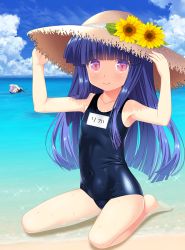 Rule 34 | 2girls, bare arms, bare legs, bare shoulders, barefoot, black one-piece swimsuit, blue sky, breasts, brown headwear, cloud, cloudy sky, collarbone, commentary request, covered navel, day, flower, full body, furude rika, gaou (babel), hands on headwear, hands up, hanyuu, hat, hat flower, higurashi no naku koro ni, horizon, multiple girls, name tag, ocean, old school swimsuit, one-piece swimsuit, outdoors, school swimsuit, seiza, sitting, skindentation, sky, small breasts, solo focus, straw hat, swimming, swimsuit, water, wet, yellow flower