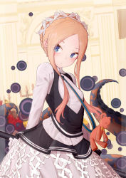 Rule 34 | 1girl, abigail williams (fate), abigail williams (festival outfit) (fate), arms behind head, black skirt, blonde hair, blue eyes, blush, braid, breasts, closed mouth, dress, fate/grand order, fate (series), forehead, french braid, heroic spirit festival outfit, highres, keyhole, long hair, long sleeves, maid headdress, mokamocha, mop, official alternate costume, parted bangs, sash, sidelocks, skirt, sleeves past fingers, sleeves past wrists, small breasts, solo, stuffed animal, stuffed toy, teddy bear, tentacles, white dress