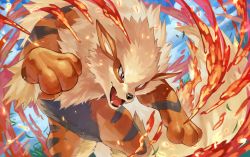 Rule 34 | arcanine, brown eyes, cloud, commentary request, creatures (company), day, fangs, game freak, gen 1 pokemon, highres, falling leaves, nintendo, no humans, open mouth, outdoors, pokemon, pokemon (creature), sky, solo, tapioka chaso, toes, tongue