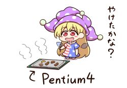 Rule 34 | 1girl, american flag dress, american flag legwear, blonde hair, blush stickers, chibi, chibi only, chopsticks, clownpiece, commentary request, cooking, cpu, drooling, fairy wings, food, fruit, grilling, hat, highres, holding, holding chopsticks, jester cap, long hair, meat, onion, open mouth, pineapple, polka dot headwear, purple hat, red eyes, shitacemayo, smile, solo, touhou, translation request, very long hair, wings
