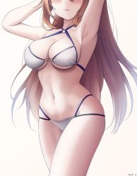 Rule 34 | 1girl, armpits, arms up, bare arms, bare shoulders, bikini, breasts, brown hair, cleavage, commentary, criss-cross halter, girls&#039; frontline, halterneck, head out of frame, highres, keenh, large breasts, long hair, multi-strapped bikini, navel, o-ring, o-ring bikini, official alternate costume, parted lips, solo, springfield (girls&#039; frontline), springfield (stirring mermaid) (girls&#039; frontline), stomach, string bikini, swimsuit, thighs, very long hair, white bikini