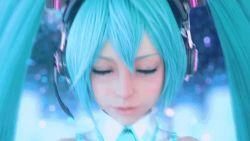 Rule 34 | 1girl, 3d, animated, animated gif, aqua eyes, aqua hair, eyelashes, female focus, gradient background, hand to own mouth, hatsune miku, headset, lips, long hair, looking at viewer, nail polish, realistic, screencap, solo, square enix, straight hair, twintails, vocaloid